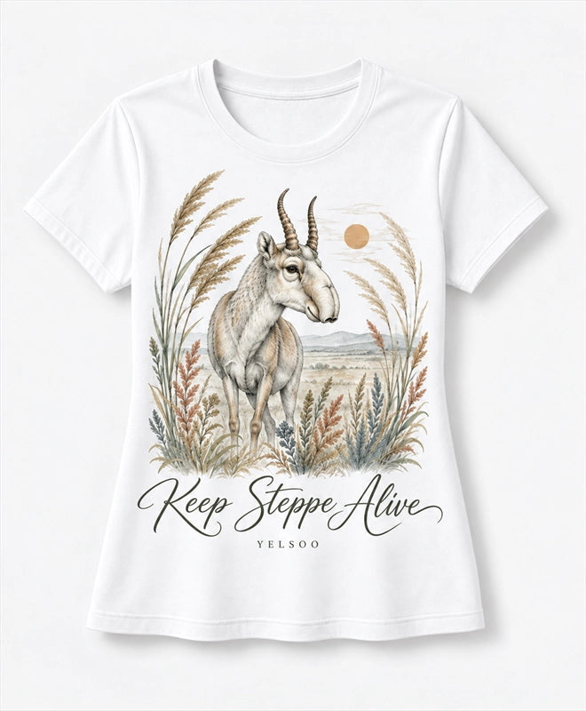 YELSOO women's Keep Steppe Alive Saiga Antelope Graphic Tee in White — main product view