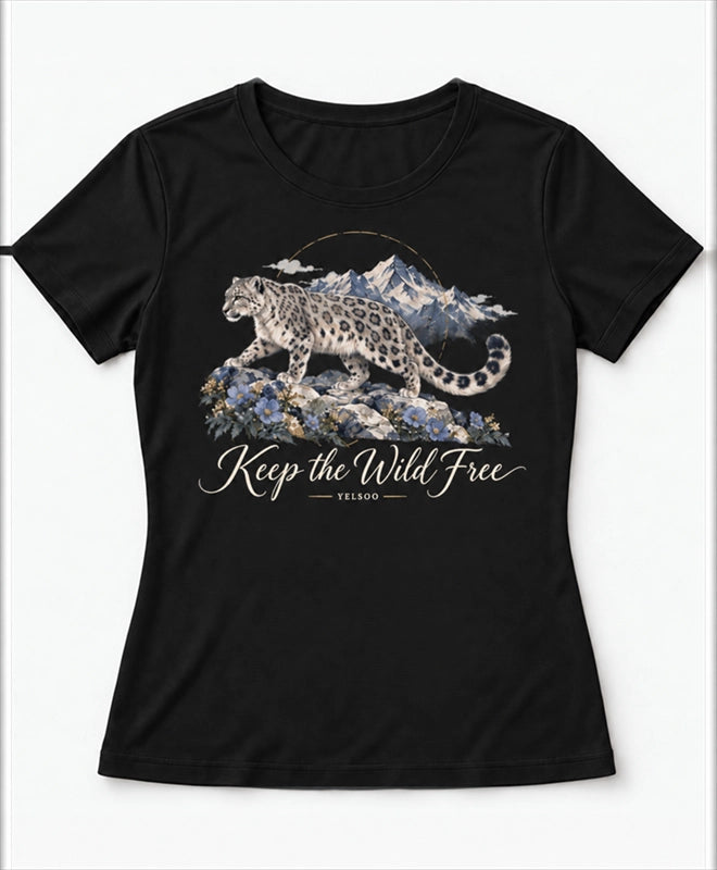 YELSOO women's Keep the Wild Free Snow Leopard Graphic Tee in Black — main product view