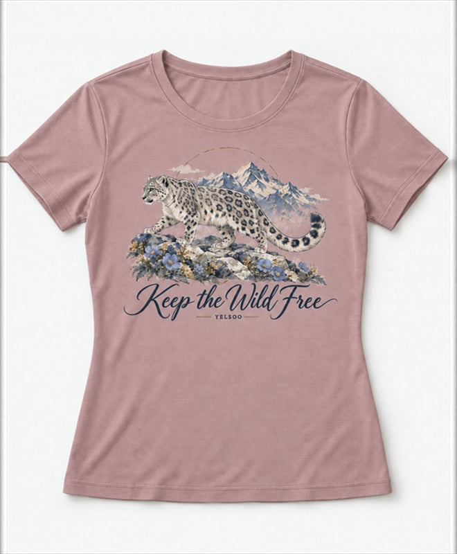 YELSOO women's Keep the Wild Free Snow Leopard Graphic Tee in Dusty Pink — main product view