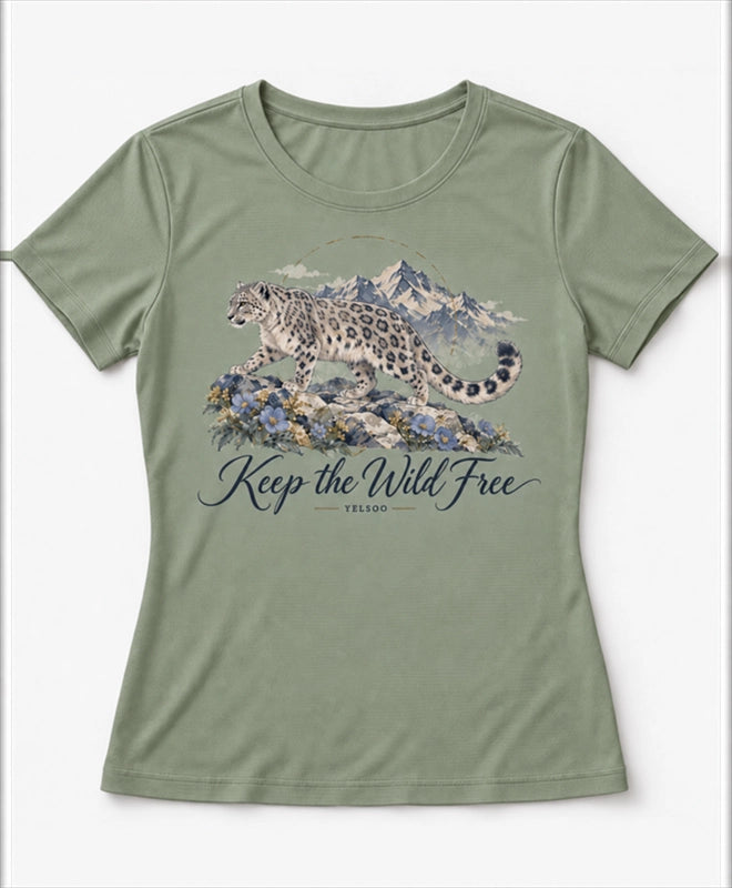 YELSOO women's Keep the Wild Free Snow Leopard Graphic Tee in Sage Green — main product view