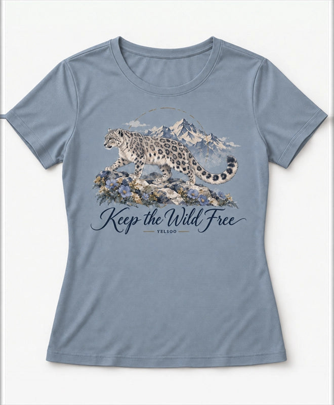 YELSOO women's Keep the Wild Free Snow Leopard Graphic Tee in Slate Blue — main product view