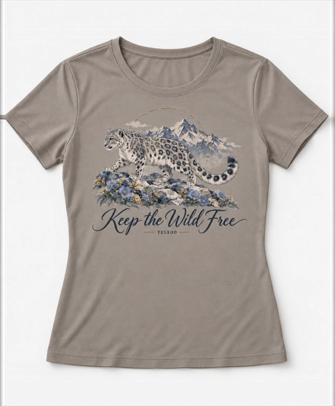YELSOO women's Keep the Wild Free Snow Leopard Graphic Tee in Stone Taupe — main product view