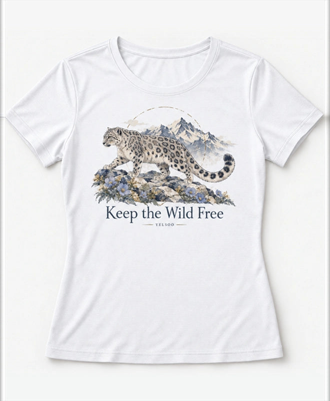 YELSOO women's Keep the Wild Free Snow Leopard Graphic Tee in White — main product view