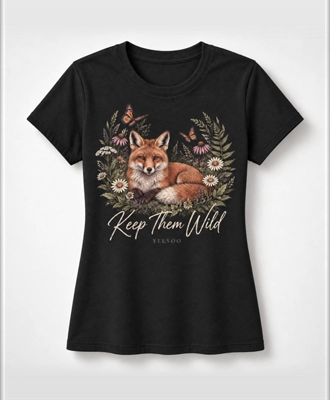 YELSOO women's Keep Them Wild Fox Graphic Tee in Black — main product view