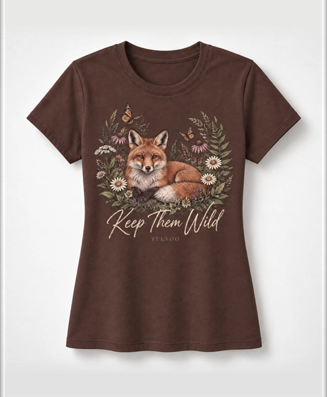 YELSOO women's Keep Them Wild Fox Graphic Tee in Chocolate Brown — main product view