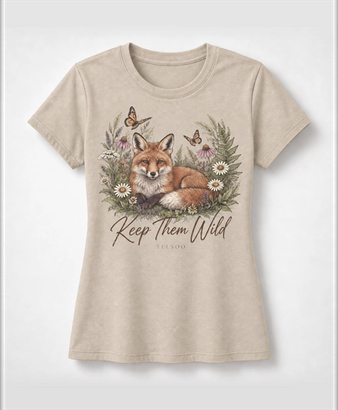 YELSOO women's Keep Them Wild Fox Graphic Tee in Oatmeal — main product view