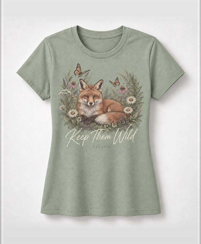 YELSOO women's Keep Them Wild Fox Graphic Tee in Sage Green — main product view