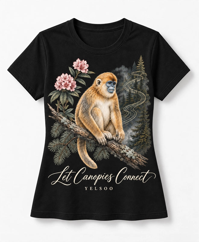 YELSOO women's Let Canopies Connect Golden Snub-Nosed Monkey Graphic Tee in Black — main product view