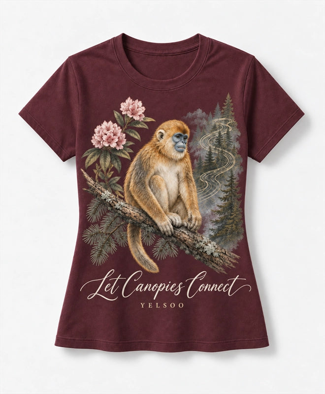 YELSOO women's Let Canopies Connect Golden Snub-Nosed Monkey Graphic Tee in Burgundy — main product view