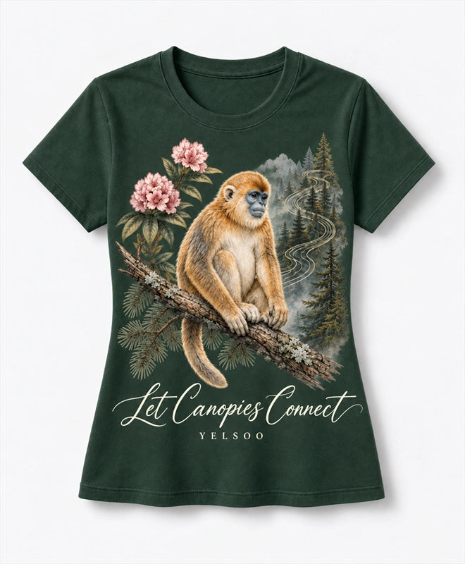 YELSOO women's Let Canopies Connect Golden Snub-Nosed Monkey Graphic Tee in Forest Green — main product view
