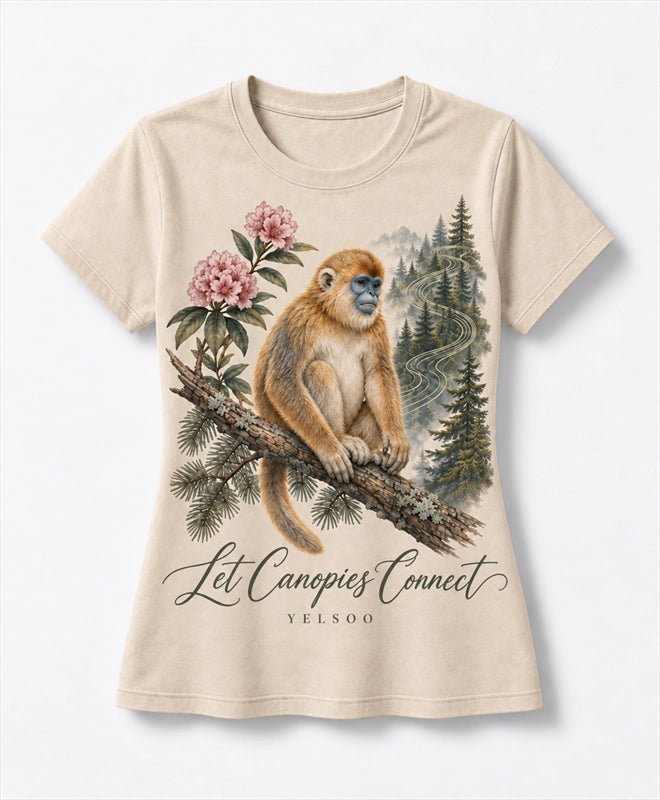 YELSOO women's Let Canopies Connect Golden Snub-Nosed Monkey Graphic Tee in Sand — main product view