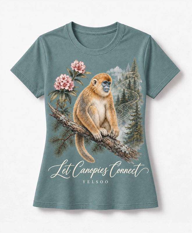 YELSOO women's Let Canopies Connect Golden Snub-Nosed Monkey Graphic Tee in Soft Teal — main product view
