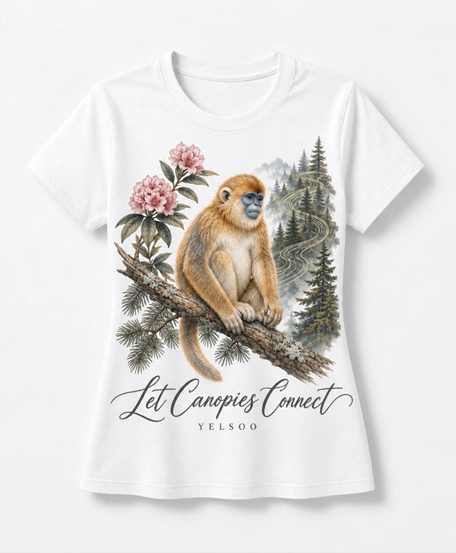 YELSOO women's Let Canopies Connect Golden Snub-Nosed Monkey Graphic Tee in White — main product view