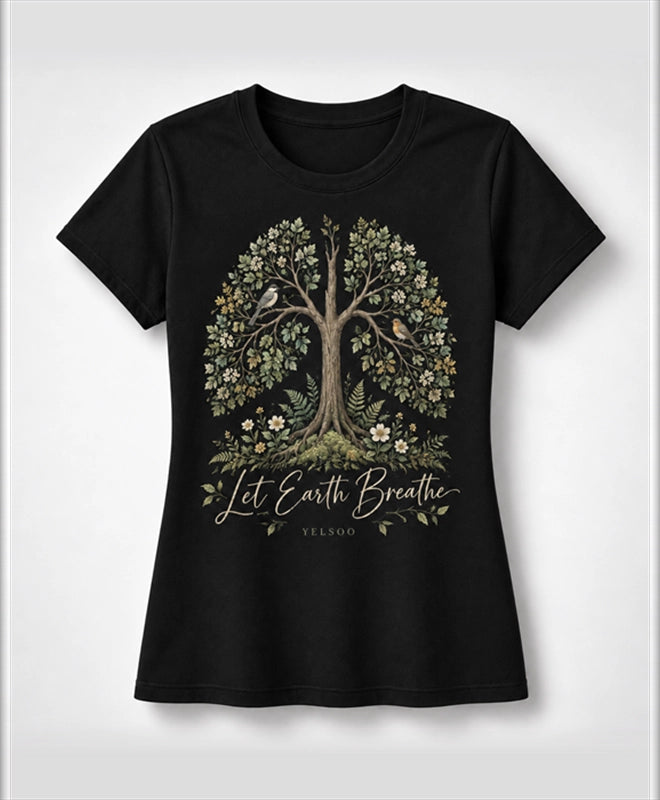 YELSOO women's Let Earth Breathe Forest Graphic Tee in Black — main product view