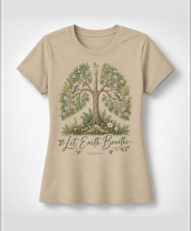 YELSOO women's Let Earth Breathe Forest Graphic Tee in Sand — main product view
