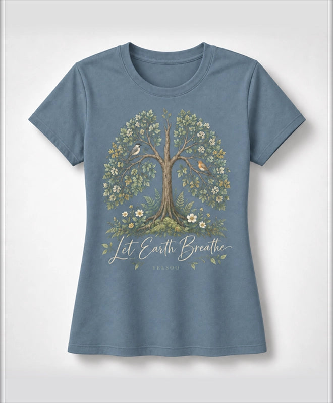 YELSOO women's Let Earth Breathe Forest Graphic Tee in Slate Blue — main product view