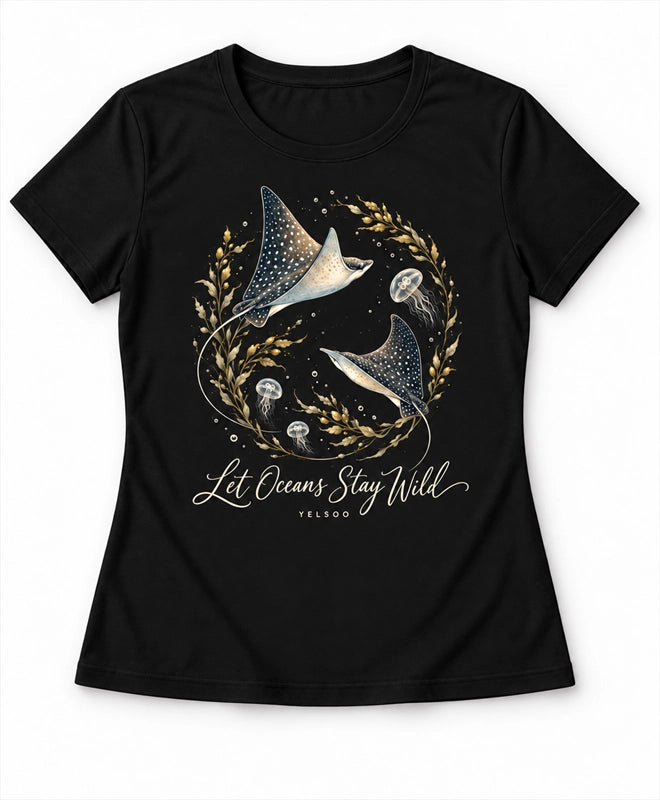 YELSOO women's Let Oceans Stay Wild Manta Ray Graphic Tee in Black — main product view