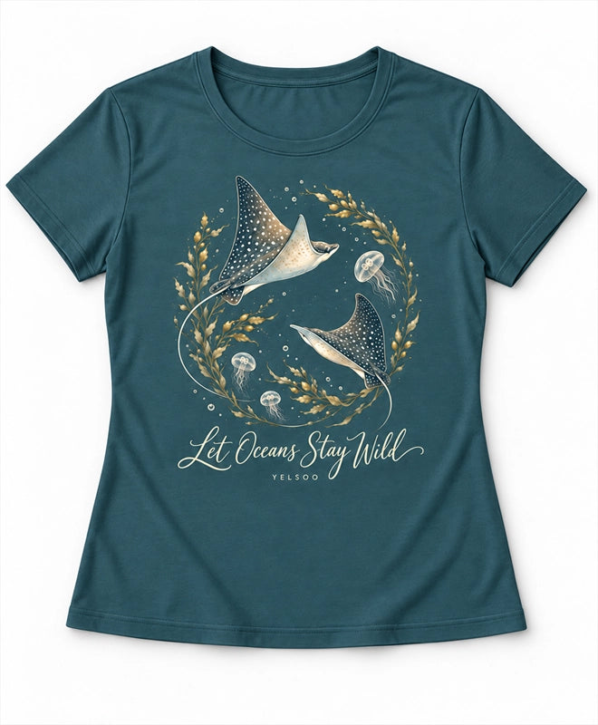 YELSOO women's Let Oceans Stay Wild Manta Ray Graphic Tee in Deep Ocean Teal — main product view