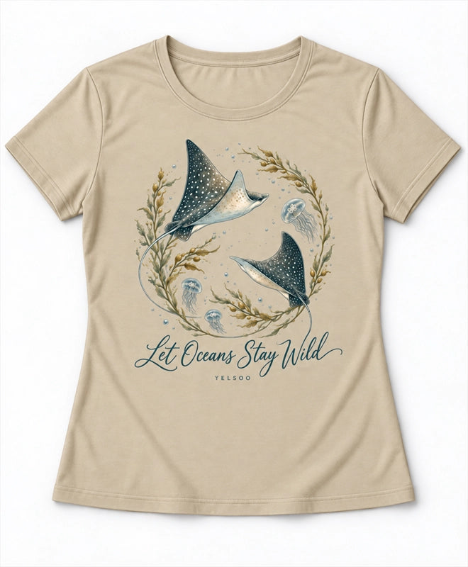 YELSOO women's Let Oceans Stay Wild Manta Ray Graphic Tee in Dune Beige — main product view