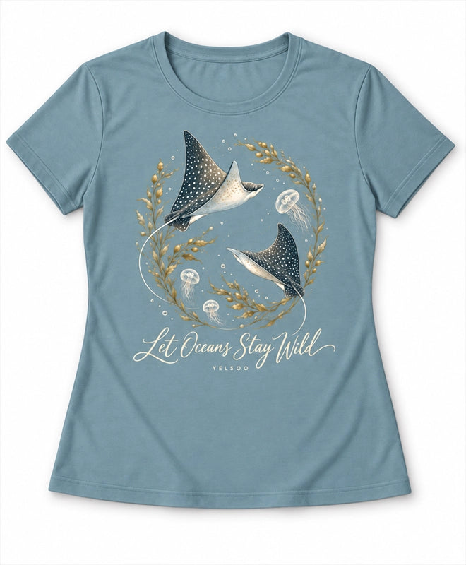 YELSOO women's Let Oceans Stay Wild Manta Ray Graphic Tee in Sea Mist Blue — main product view