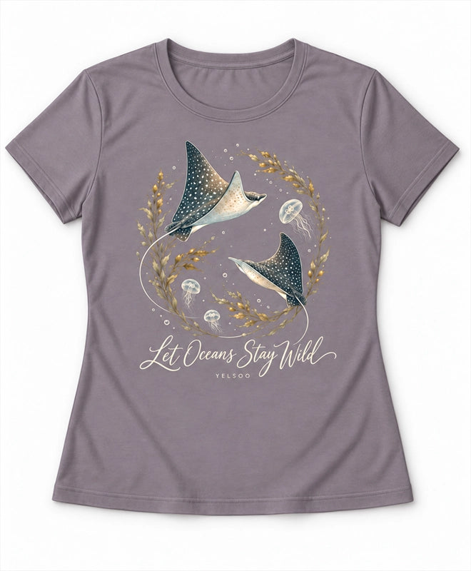 YELSOO women's Let Oceans Stay Wild Manta Ray Graphic Tee in Smoky Purple Gray — main product view