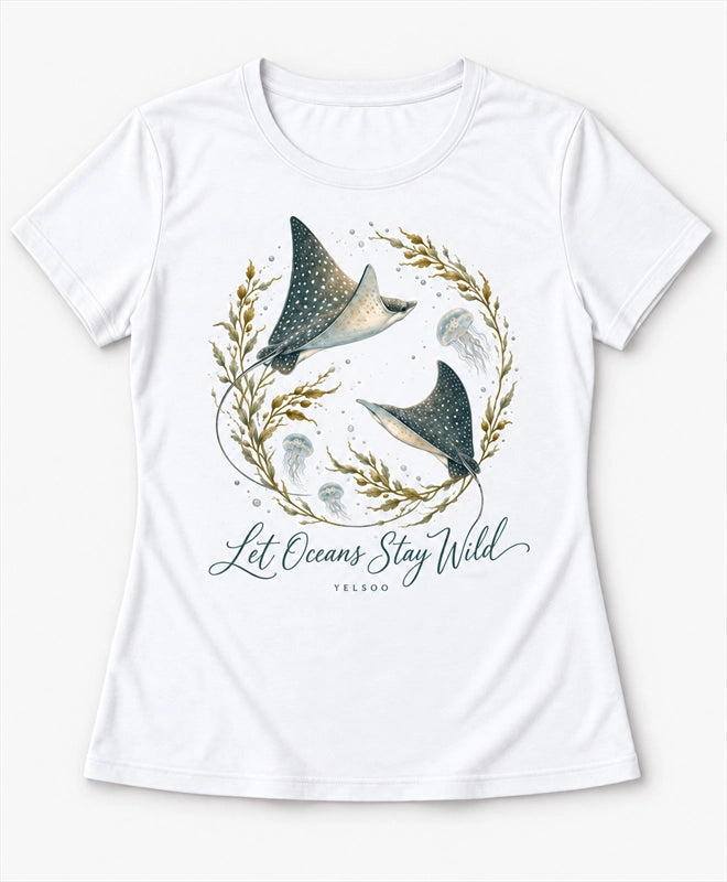 YELSOO women's Let Oceans Stay Wild Manta Ray Graphic Tee in White — main product view