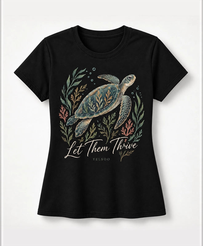 YELSOO women's Let Them Thrive Sea Turtle Graphic Tee in Black — main product view
