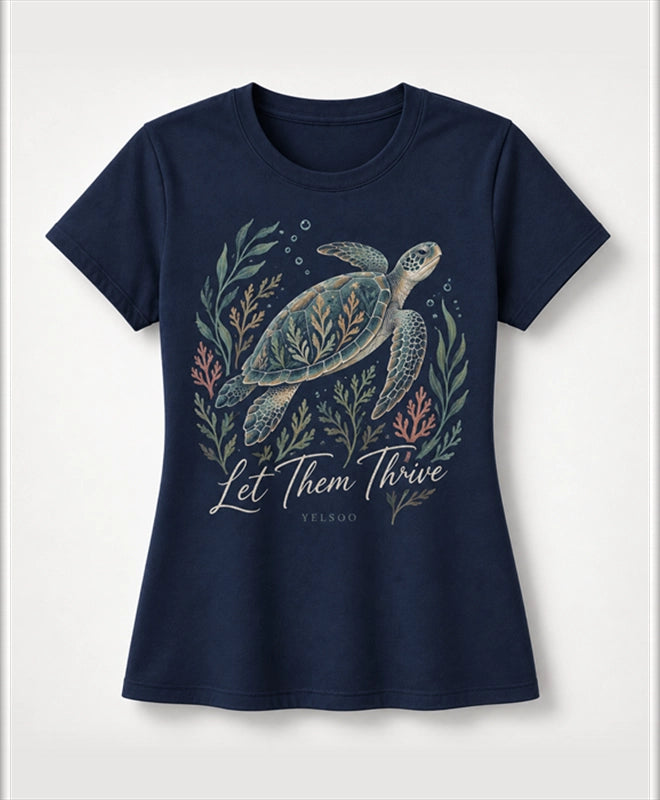 YELSOO women's Let Them Thrive Sea Turtle Graphic Tee in Navy — main product view
