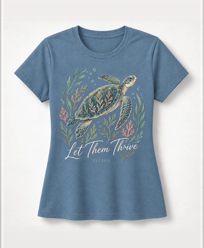 YELSOO women's Let Them Thrive Sea Turtle Graphic Tee in Ocean Blue — main product view