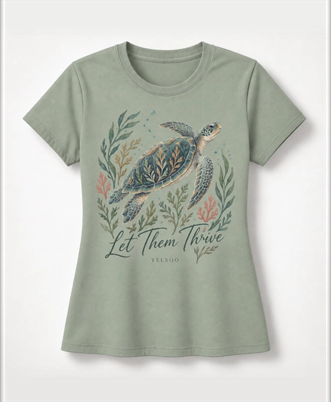 YELSOO women's Let Them Thrive Sea Turtle Graphic Tee in Sage Green — main product view