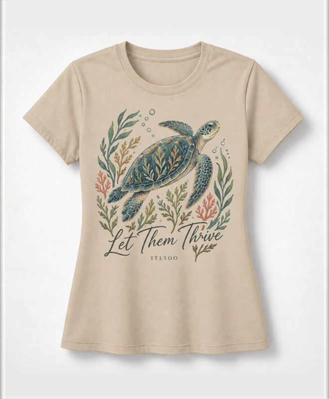 YELSOO women's Let Them Thrive Sea Turtle Graphic Tee in Sand — main product view