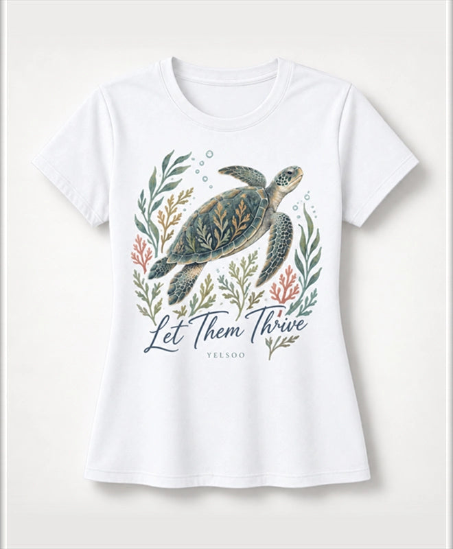 YELSOO women's Let Them Thrive Sea Turtle Graphic Tee in White — main product view