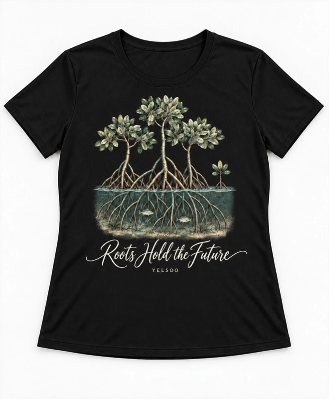 YELSOO women's Roots Hold the Future Mangrove Graphic Tee in Black — main product view