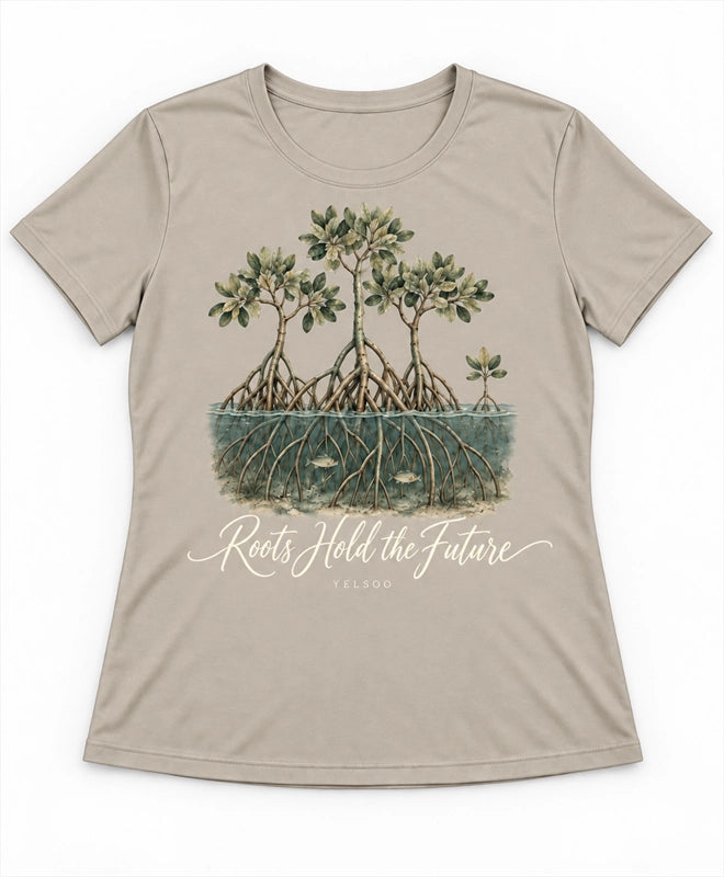 YELSOO women's Roots Hold the Future Mangrove Graphic Tee in Light Sand Gray — main product view