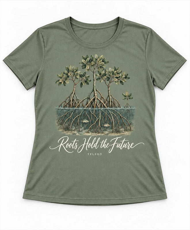 YELSOO women's Roots Hold the Future Mangrove Graphic Tee in Sea Clay Green — main product view