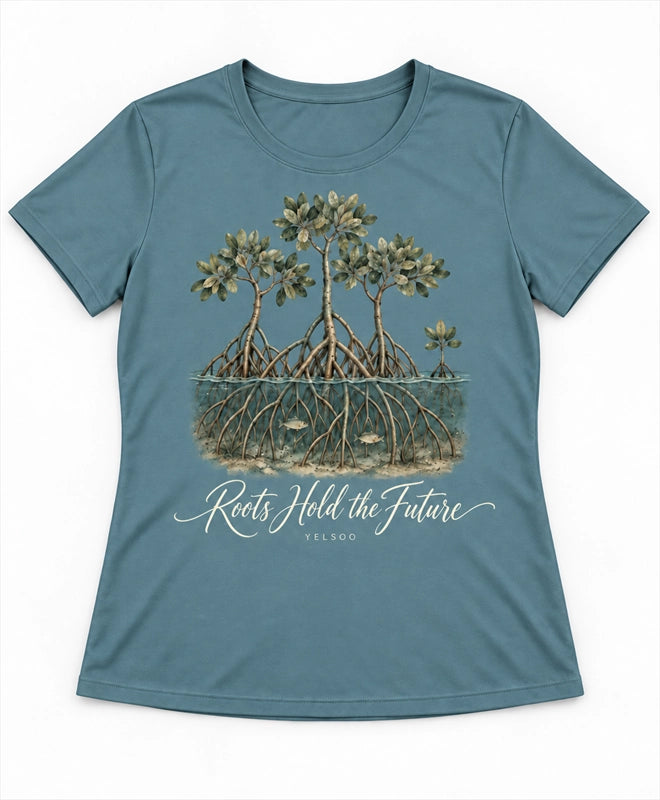 YELSOO women's Roots Hold the Future Mangrove Graphic Tee in Tidal Blue — main product view