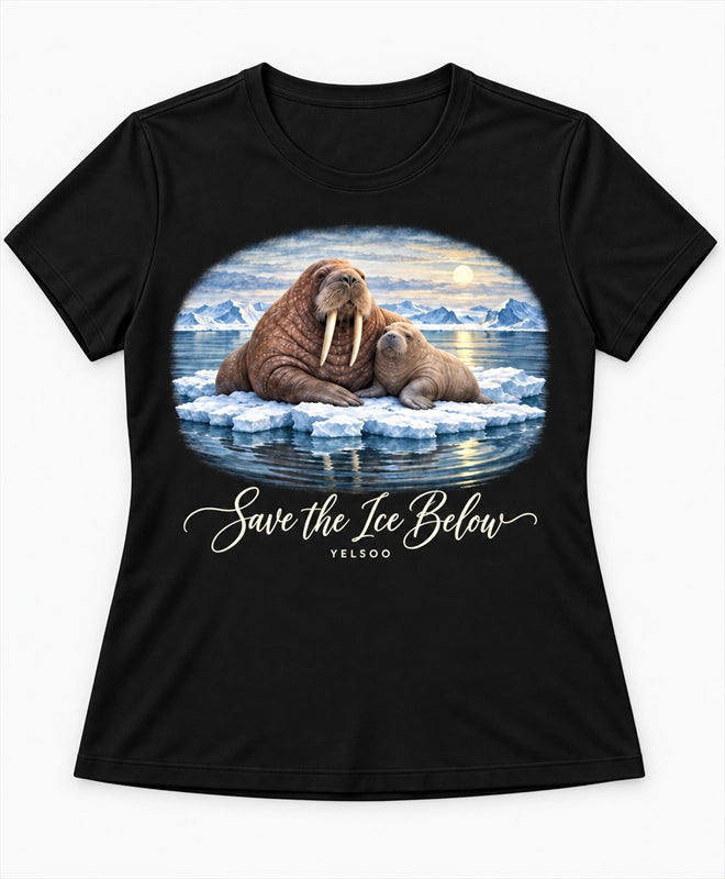 YELSOO women's Save the Ice Below Walrus Graphic Tee in Black — main product view