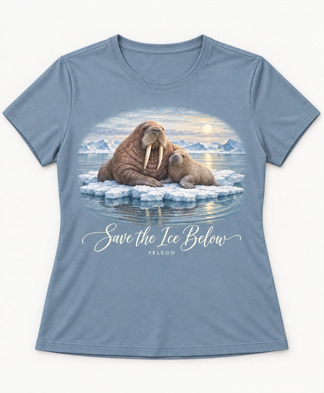 YELSOO women's Save the Ice Below Walrus Graphic Tee in Ice Rock Blue — main product view