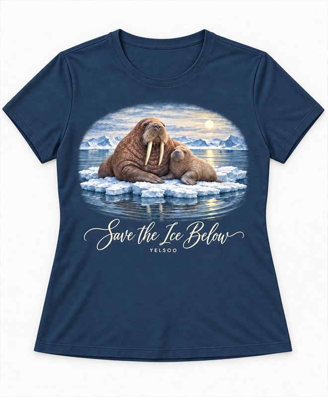YELSOO women's Save the Ice Below Walrus Graphic Tee in Midnight Blue — main product view