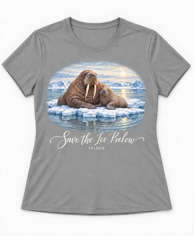YELSOO women's Save the Ice Below Walrus Graphic Tee in Tundra Gray — main product view