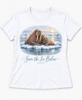 YELSOO women's Save the Ice Below Walrus Graphic Tee in White — main product view