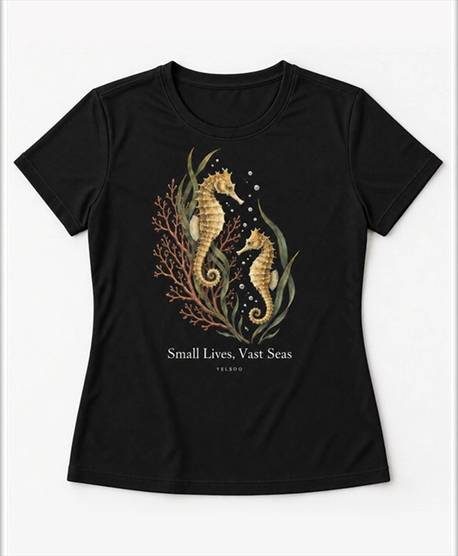 YELSOO women's Small Lives Vast Seas Seahorse Graphic Tee in Black — main product view