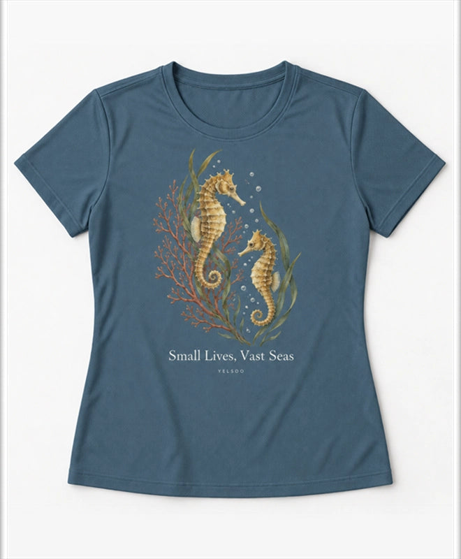 YELSOO women's Small Lives Vast Seas Seahorse Graphic Tee in Deep Sea Blue — main product view