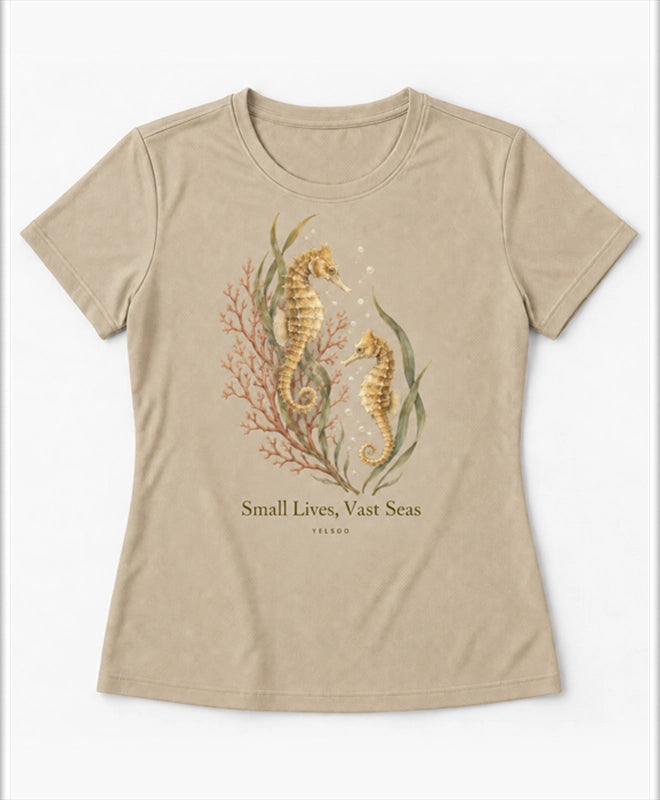 YELSOO women's Small Lives Vast Seas Seahorse Graphic Tee in Light Sand — main product view