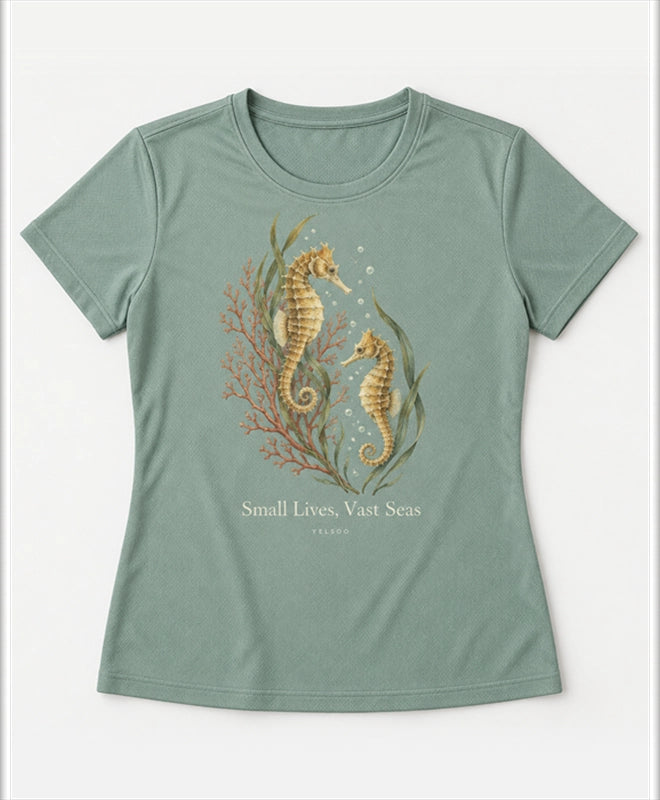 YELSOO women's Small Lives Vast Seas Seahorse Graphic Tee in Sea Salt Green — main product view