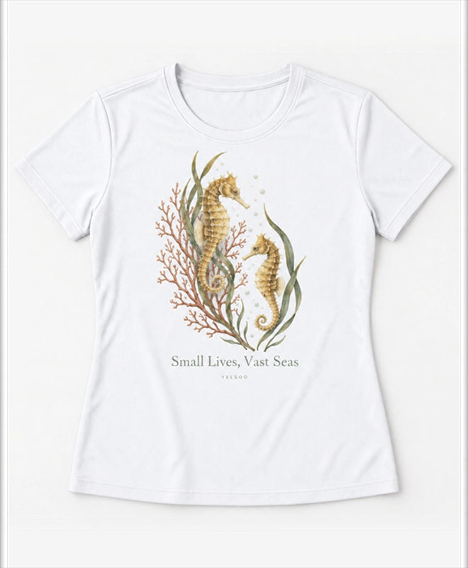 YELSOO women's Small Lives Vast Seas Seahorse Graphic Tee in White — main product view