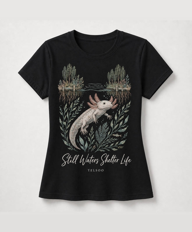 YELSOO women's Still Waters Shelter Life Axolotl Graphic Tee in Black — main product view