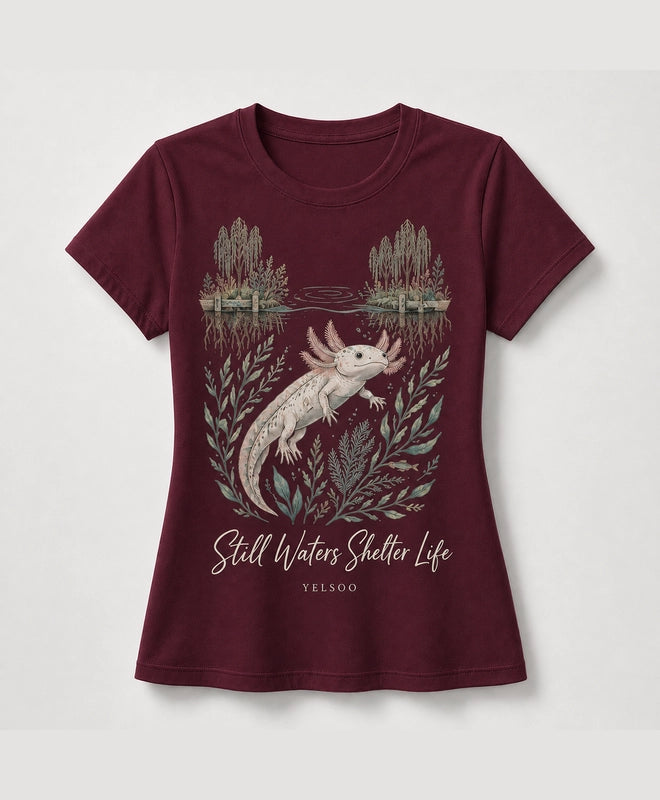 YELSOO women's Still Waters Shelter Life Axolotl Graphic Tee in Burgundy — main product view