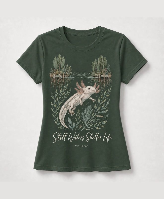 YELSOO women's Still Waters Shelter Life Axolotl Graphic Tee in Forest Green — main product view