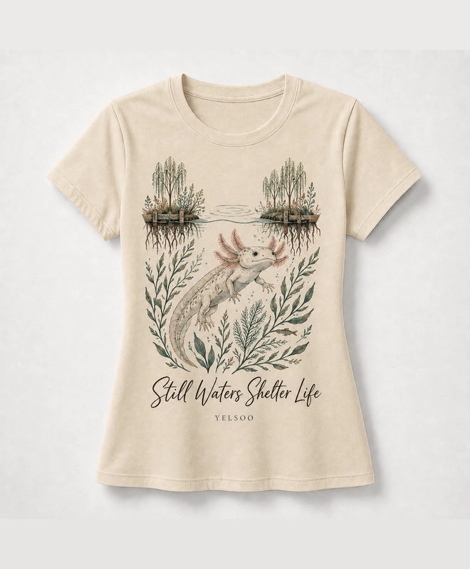 YELSOO women's Still Waters Shelter Life Axolotl Graphic Tee in Sand — main product view
